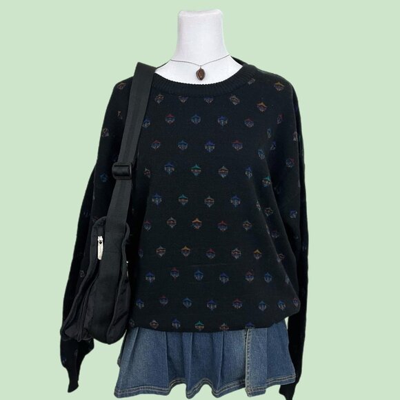 vintage 90s black quirky indie grandpa wool blend light weight sweater - Picture 1 of 8